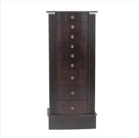 Wooden Floor Standing Jewelry Mirror Cabinet With 9 Layers And 8 Drawers And Double Doors