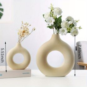 1pc; White Ceramic Vase White Vases For Decor; Modern Home Decor Vase; Boho Vases For Decor; Circle Vase; Round Vase; Donut Vase; Decorative Vase (Color: cream color, size: Small + Large Vase)